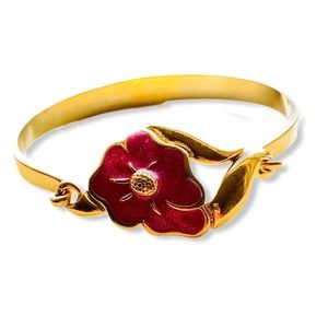 Pink enamel flower hook bangle bracelet goldtone